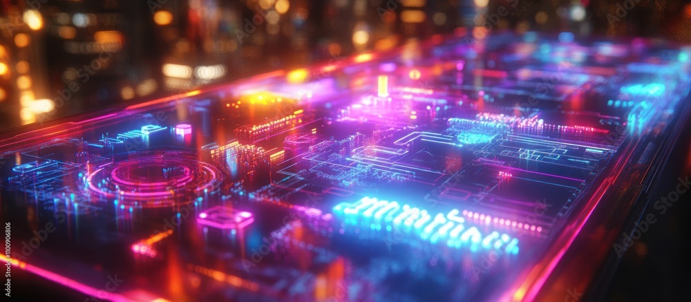 Fototapeta premium Abstract cyberpunk glowing circuit board with red, blue, and purple neon lights.