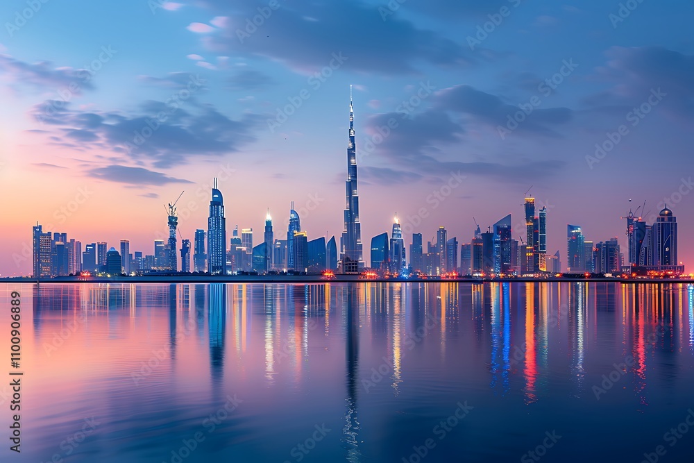 Fototapeta premium downtown skyscrapers with reflection in river at sunset