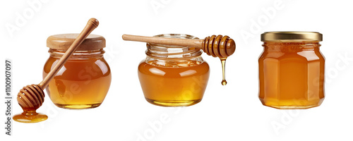 Set of Honey jar and wooden dipper on transparent background PNG Generative AI