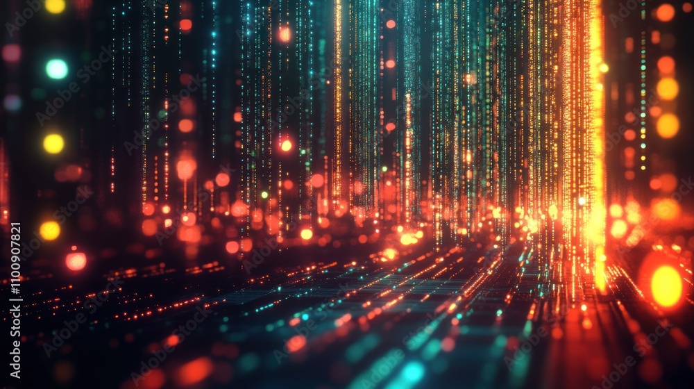 Fototapeta premium Abstract digital background with glowing lines and particles.