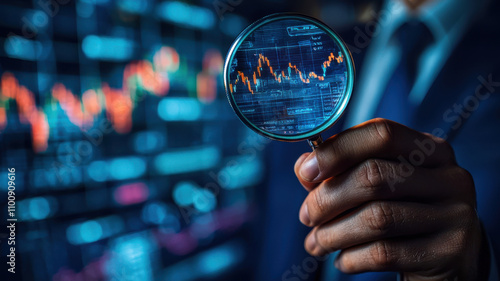 financial expert closely examines positive economic trends through magnifying glass, highlighting dynamic nature of stock market analysis and data interpretation