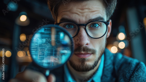 focused male entrepreneur examines detailed graphs through magnifying glass, highlighting his analytical skills and attention to detail in modern office setting