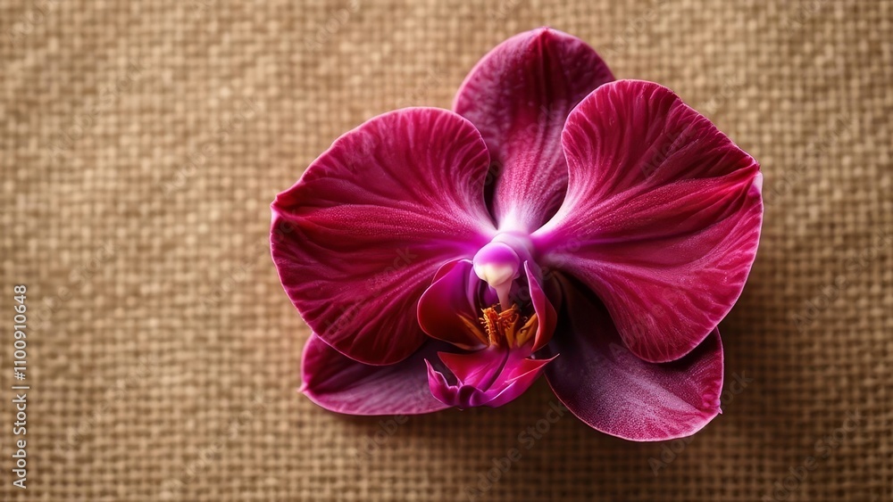 Fototapeta premium Burgundy orchid blooms on burlap, a rule of thirds composition.