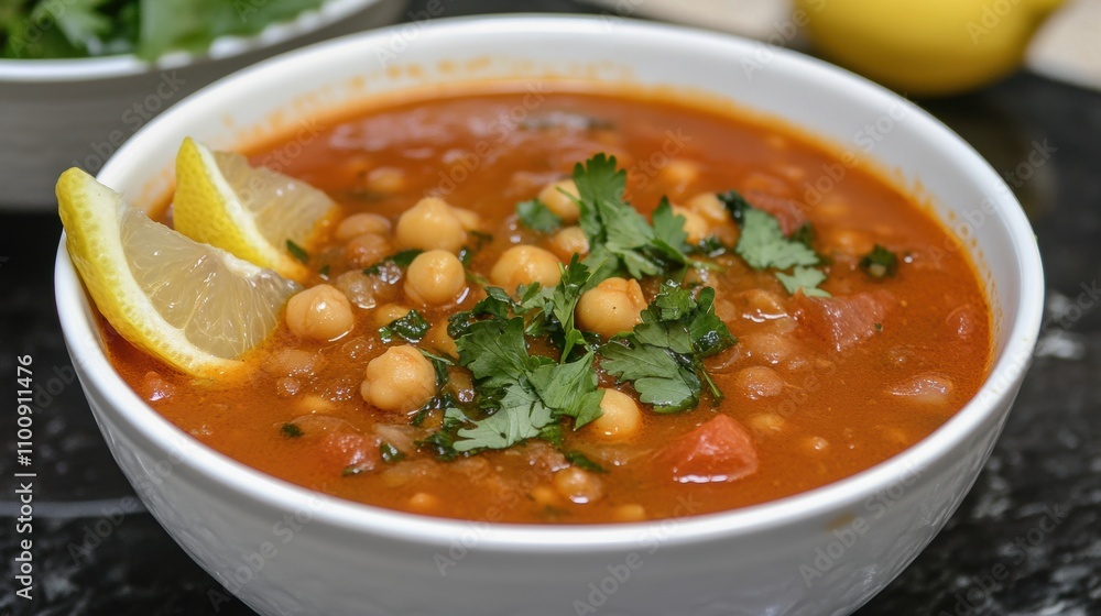 Hearty Chickpea Soup with Fresh Herbs and Lemon Slices in a Bowl Ready to Serve, Perfect for Healthy Meal and Comfort Food Enjoyment Hearty Chickpea Soup with Fresh Herbs and Lemon Slices in a Bowl Ready to Serve, Perfect for Healthy Meal and Comfort Food Enjoyment