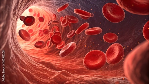 Red blood cells flowing through a blood vessel.Microscopic view of red blood cells.Red blood cells in a capillary.Human blood cells.
