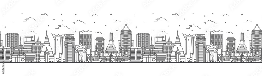 Obraz premium Seamless pattern with outline Bangkok Thailand City Skyline with Modern and Historic Buildings Isolated on White. Bangkok Cityscape with Landmarks.