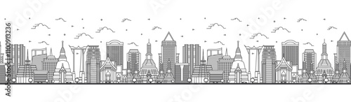 Seamless pattern with outline Bangkok Thailand City Skyline with Modern and Historic Buildings Isolated on White. Bangkok Cityscape with Landmarks.