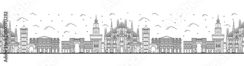Seamless pattern with outline Milan Italy City Skyline with Historic Buildings Isolated on White. Milan Cityscape with Landmarks.