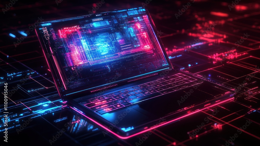 Obraz premium A futuristic laptop with glowing neon lights on a dark, futuristic background.
