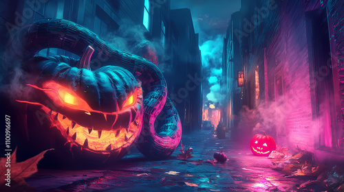 A biomechanical snake with glowing fangs, coiled around a flickering neon pumpkin, set against a creepy dark alley on halloween night. Biomechanical. Illustration photo