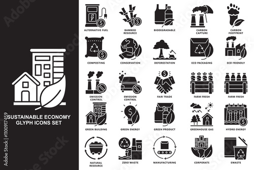 Sustainable economy glyph icons set. contain carbon, green energy, eco, energy, efficiency, emission and more. use for modern concept, print, UI, UX kit, web and app development. Vector EPS 10