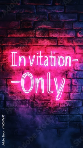 Wallpaper Mural Invitation-Only Neon Sign:  A captivating neon sign illuminates a brick wall, radiating an air of exclusivity and intrigue. The pink glow casts an ethereal aura. Torontodigital.ca