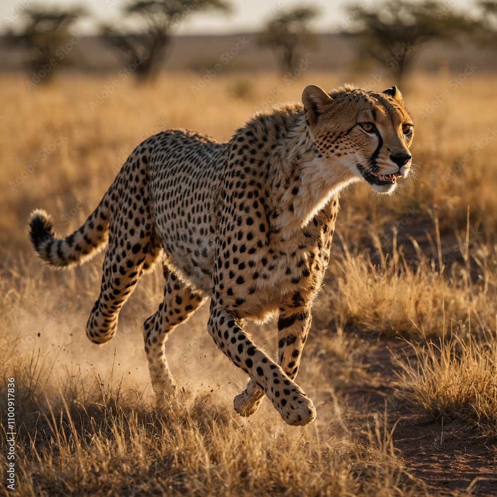 Fototapeta premium A sleek cheetah sprinting across a sunlit savanna.
