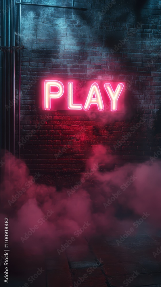 Fototapeta premium Neon Play Sign in Smoky Alleyway 
