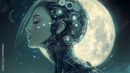 As the moonlight danced upon her cybernetic form, the beautiful female biomechanical moon goddess captivated all who beheld her. moon goddess. illustration. Biomechanical. Illustration photo