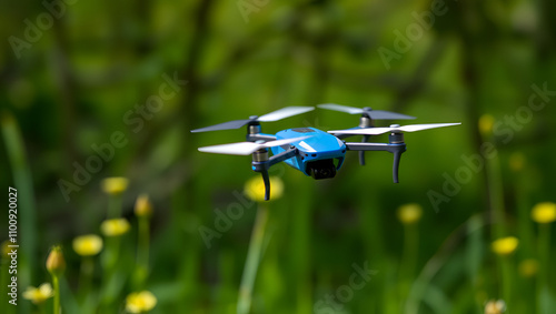 Small and blue drone with white protective bar, hovers reliably over green meadows, buttercups and apple trees can be seen.Nuertingen, Germany photo