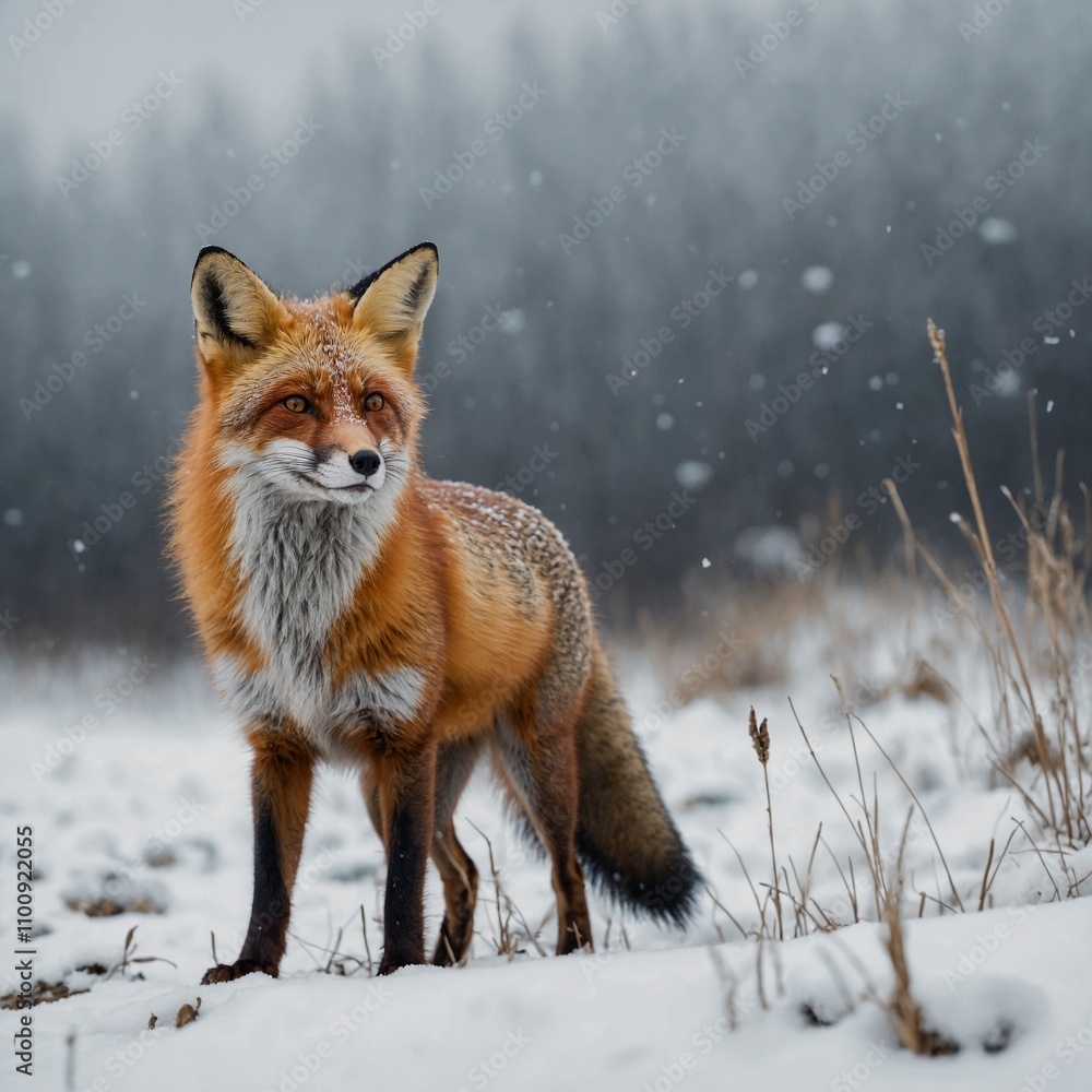 A curious red fox standing on a snowy landscape. A curious red fox standing on a snowy landscape.