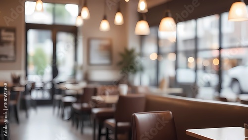 Blurred Close-Up of Coffee Shop Interior, Soft Ambient Light Through Windows