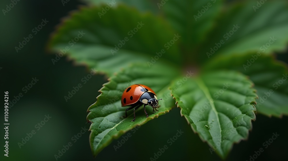 Ladybug Perched on a Vibrant Green Leaf with Dark Background Ladybug Perched on a Vibrant Green Leaf with Dark Background