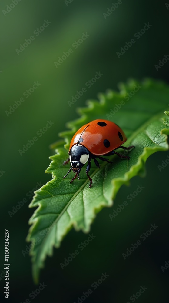 Fototapeta premium Ladybug Resting on Vibrant Green Leaf With Dark Background