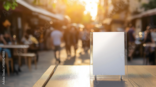Wallpaper Mural A clear display holder stands on a table in a bustling market during sunset, with vibrant stalls and soft sunlight illuminating the scene. Torontodigital.ca