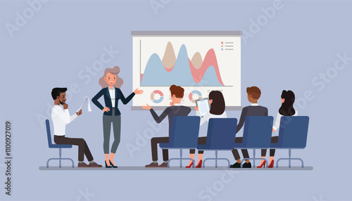 Training session with a corporate trainer presenting to a group of new employees character vector illustration design.