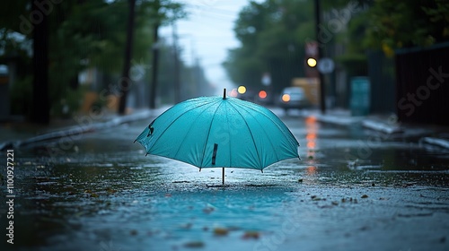 Wallpaper Mural A turquoise umbrella floats on a flooded street, emphasizing the aftermath of heavy rains. Torontodigital.ca