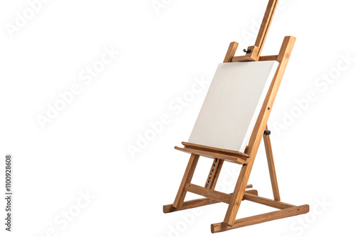 A fully extended wooden easel holding a blank canvas. The adjustable frame emphasizes versatility for various painting sizes, isolated on a transparent background photo