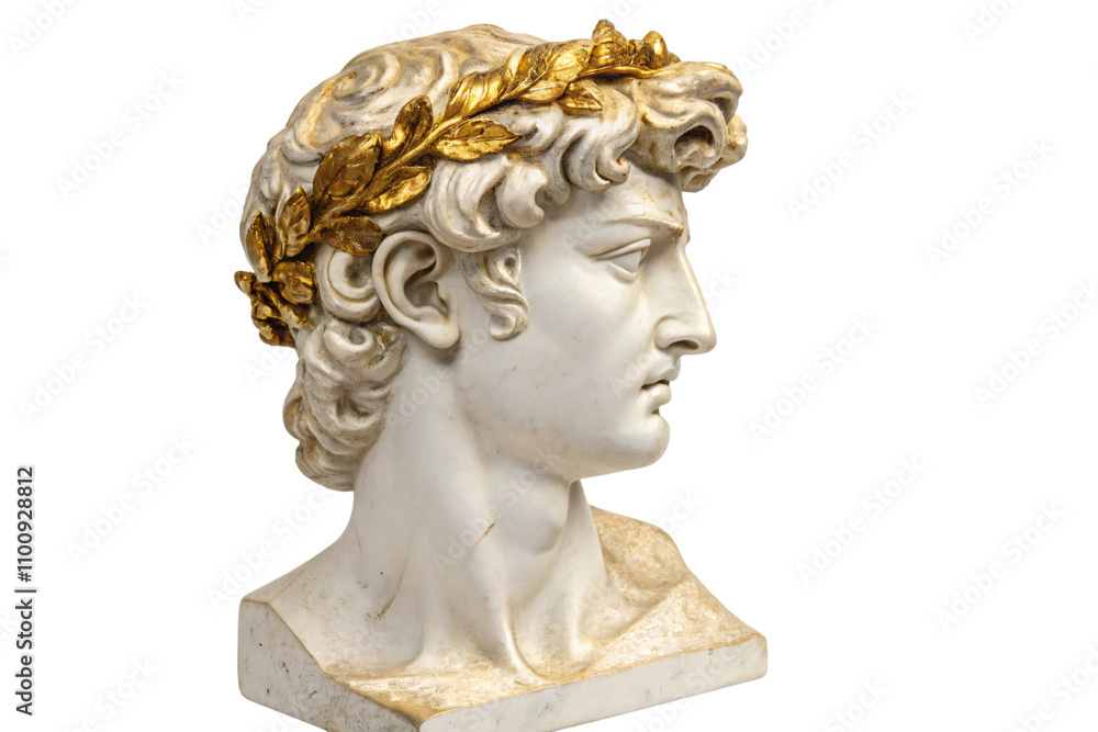 Obraz premium A marble head sculpture with a golden laurel wreath adorning its curly hair, emphasizing stoic expression and the elegance of Greco-Roman art, isolated on a transparent background