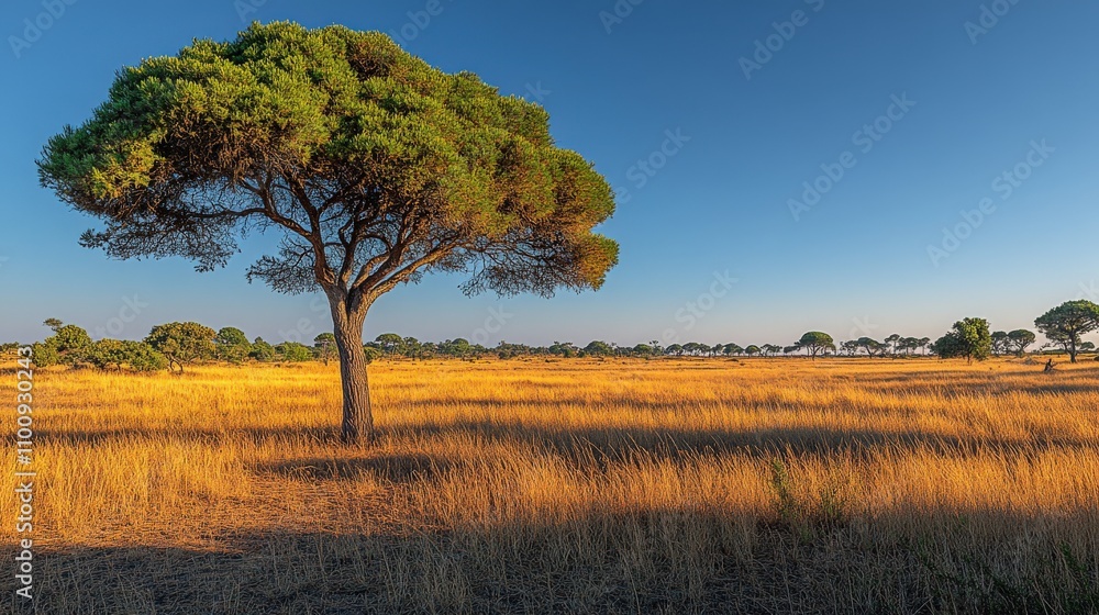Fototapeta premium A solitary tree stands in a golden grass field under a clear blue sky.