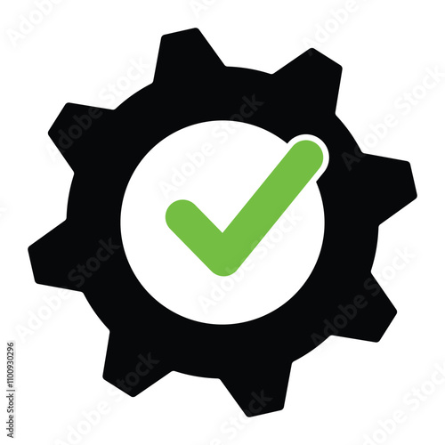 Gear with check mark vector icon. Technical specifications conformity symbol. Representing successful operation, industrial efficiency and quality assurance. Isolated sign on white background.