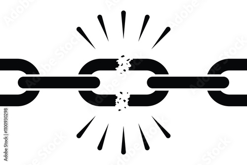 Broken chain vector icon. Disconnected metal strong link of the chain. Representing freedom, release, or disconnection. Liberation from slavery or imprisonment. Black silhouette.