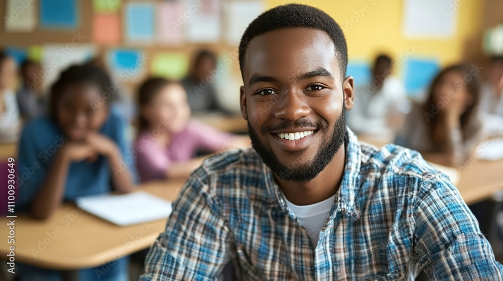 Obraz premium Happy black adult education teacher with group of students in classroom looking at camera