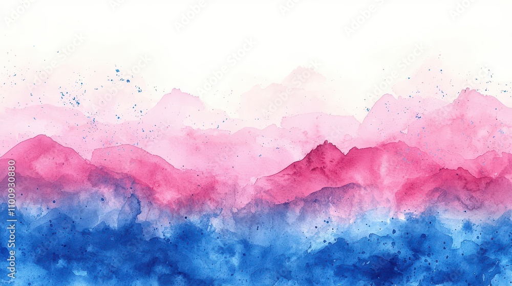 Obraz premium Abstract watercolor landscape in pastel hues of pink and blue, showcasing ethereal mountains with a soft blending of colors against a light background