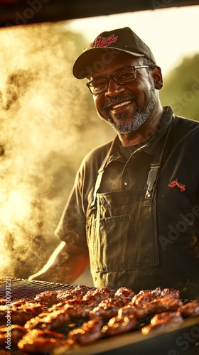 Master Griller: A seasoned chef, radiating warmth and joy, stands before a sizzling grill, his passion for cooking evident in the masterful preparation of a culinary masterpiece. photo