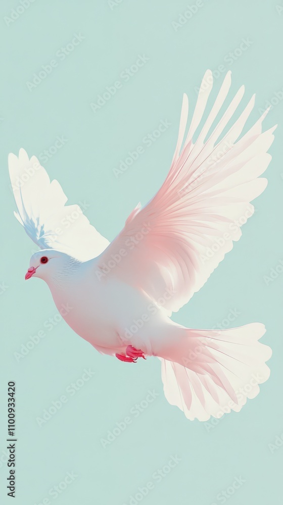 Fototapeta premium Serene Flight of Peace: A gentle dove in flight, wings spread wide, embodies serenity and hope against a soft, pale blue background. This image evokes feelings of tranquility and peace.