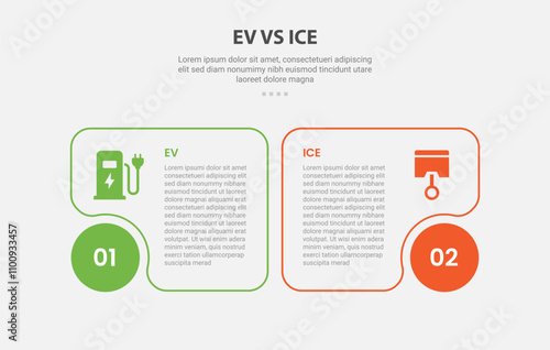 EV vs ICE technology infographic outline style with 2 point comparison template with round box and fluid edge on circle base for slide presentation