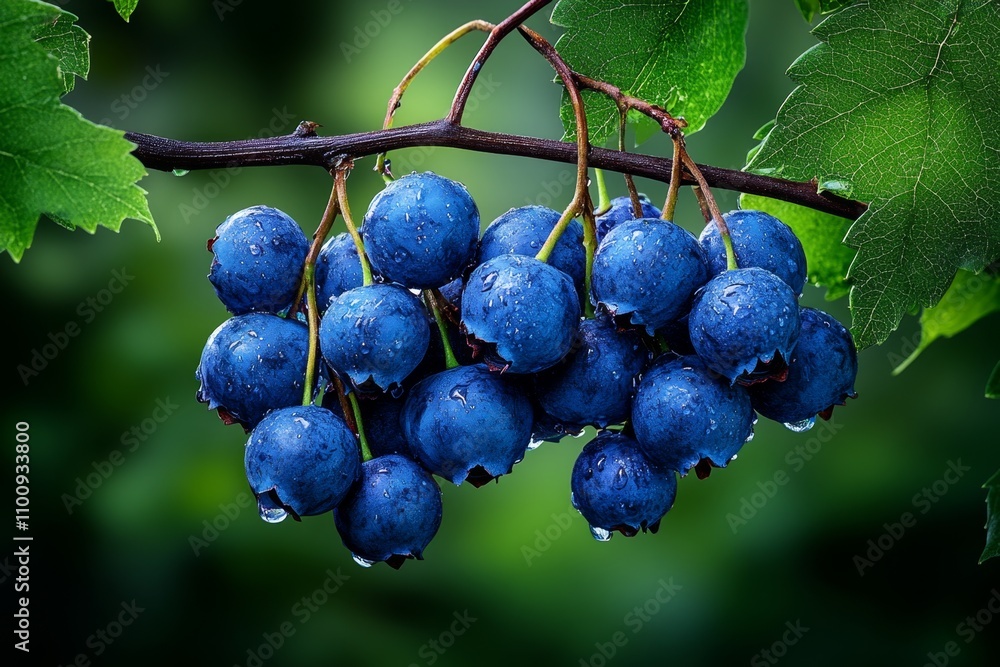 A cluster of ripe blueberries hanging from a branch, with soft focus on the lush greenery behind them A cluster of ripe blueberries hanging from a branch, with soft focus on the lush greenery behind them