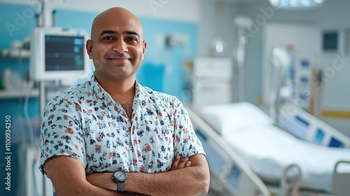 Indian confident male cancer survivor who is bald, standing in hospital