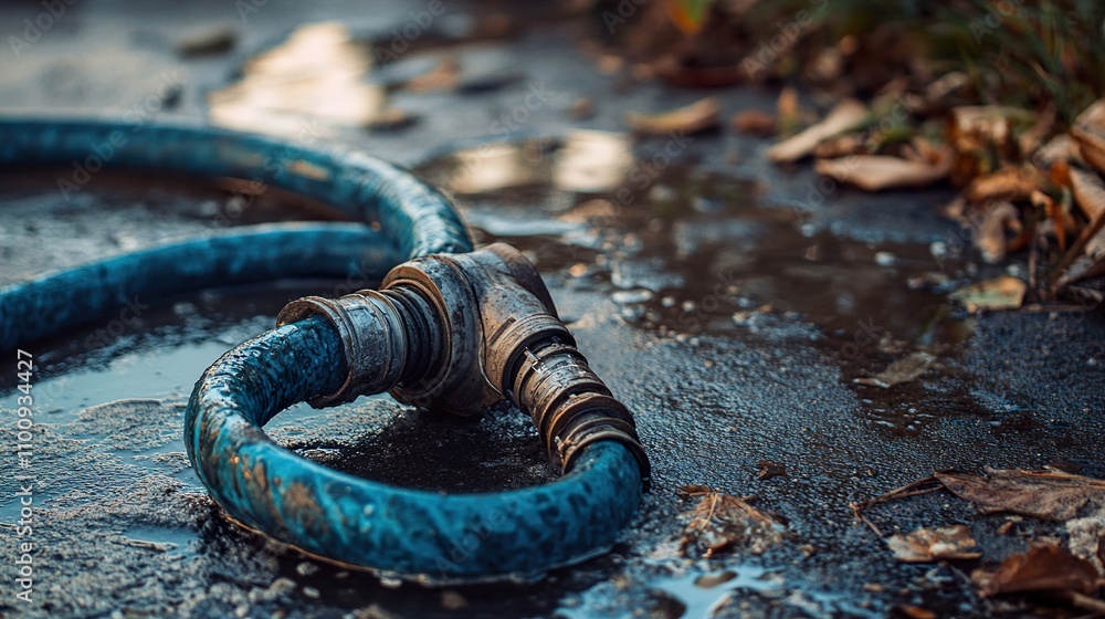 Obraz premium Close-up of a Damaged Industrial Hose on Muddy Ground
