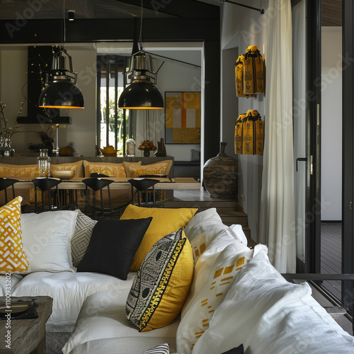 OUTIQUE HOTEL living dining fusion style between cottage and nordic, yellow accents, kelly hoppen style  photo