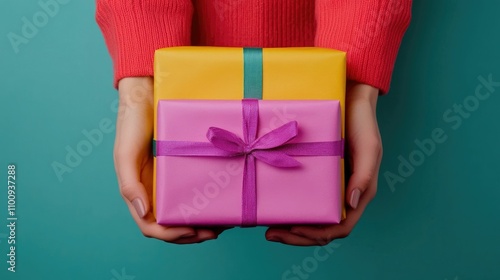 Hands holding a beautifully wrapped gift box with a vibrant ribbon bow expressing the joy and of the holiday season after a successful shopping trip photo