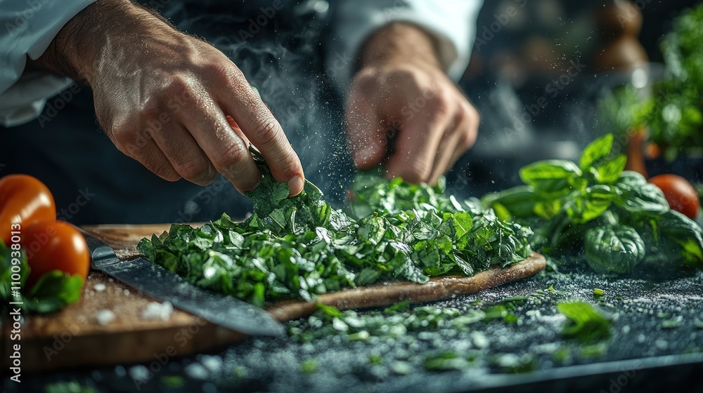 A chef's hands are shown preparing fresh basil leaves on a wooden cutting board. Steam rises from the leaves as the chef chops them. The image shows a process of food preparation.