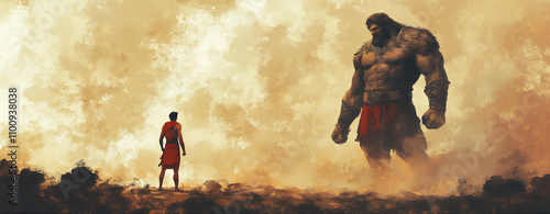 Silhouette of david and goliath on the battle field. Israelites at war with the philistines. David faith and courage in God with a sling and stones against giant Goliath in action.  photo