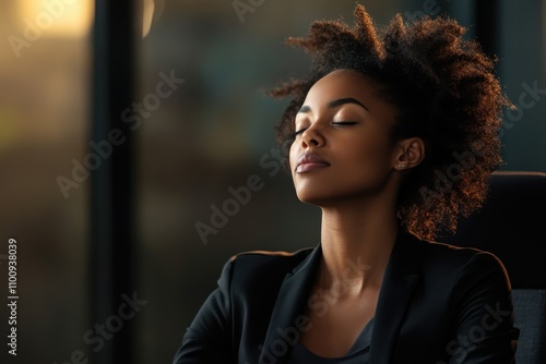 Serene Black woman with eyes closed, in a blazer. Ideal for themes of peace, mindfulness, or corporate wellness.