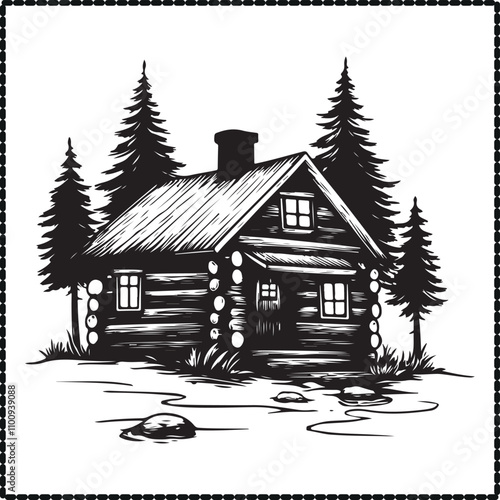Log Cabin Silhouette, Rustic Clipart