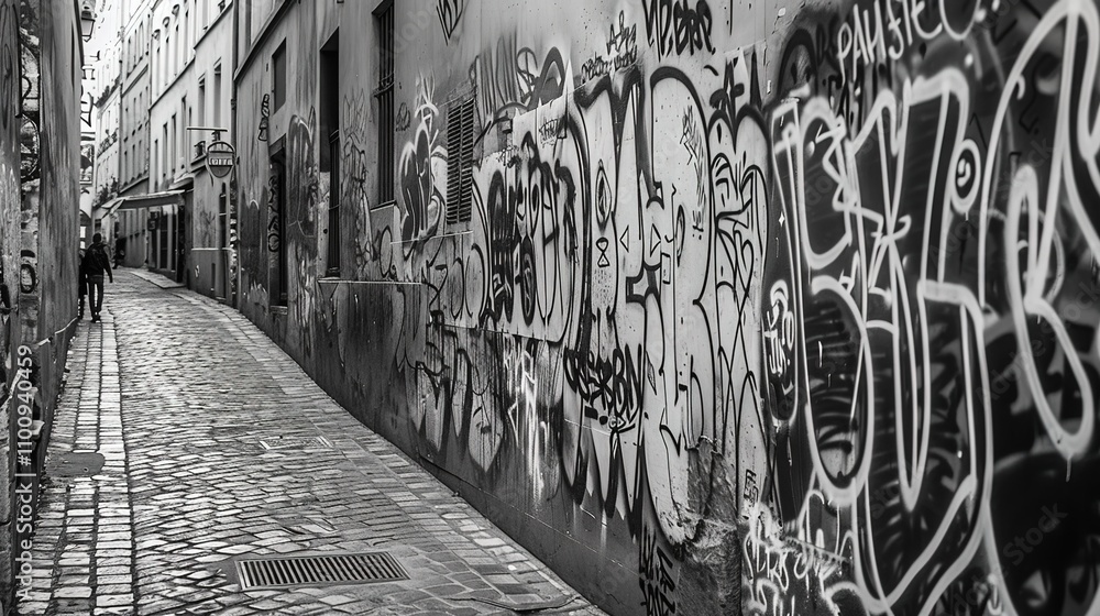 Naklejka premium Exploring the Artistic Expression of Black and White Graffiti, Unveiling Its Bold and Contrasting Visual Impact.