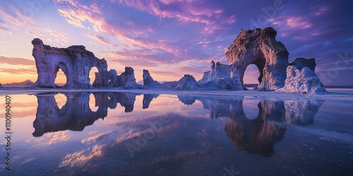 Spectacular Sunrise Reflection over  Unique Rock Formations at Mono Lake, California photo