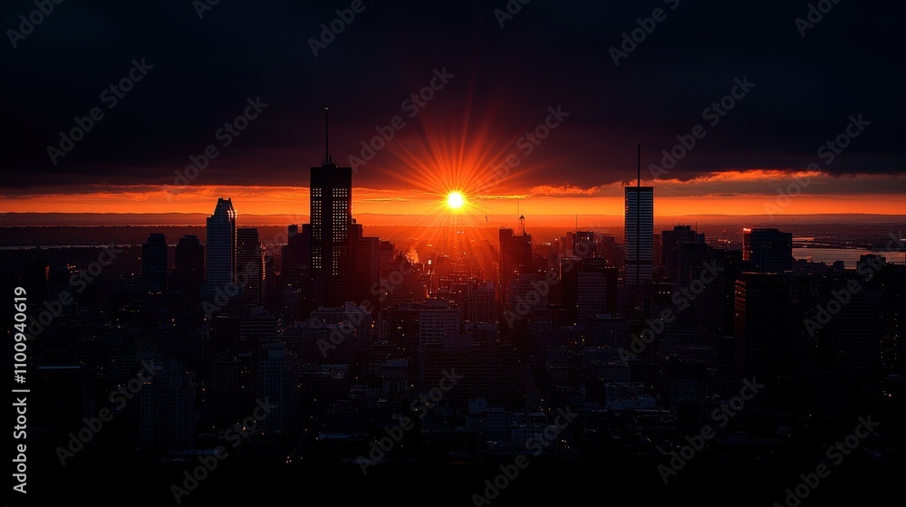 Naklejka premium A stunning sunset over a city skyline, casting rays of light through clouds.