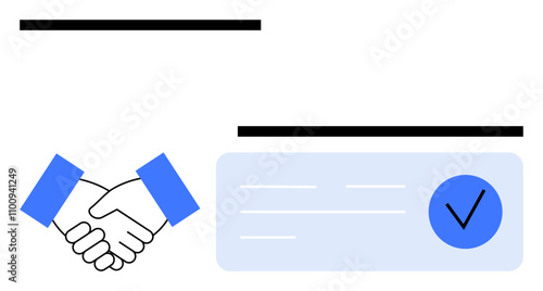 Handshake between two individuals representing agreement next to a document with a checkmark symbolizing approval. Ideal for business deals, partnerships, contracts, agreements, trust, validation